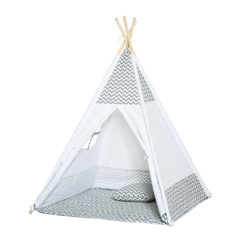 HOMCOM Indianer-Tipi Spielzelt für Kinder Grafikdesign - Maße 1,2L x 1,2B x 1,55H m - Verschließbare Tür Fenster Teppich Kissen Transporttasche inklusive - Innen Außen Grau Weiß Aosom – Bild 1 von 2