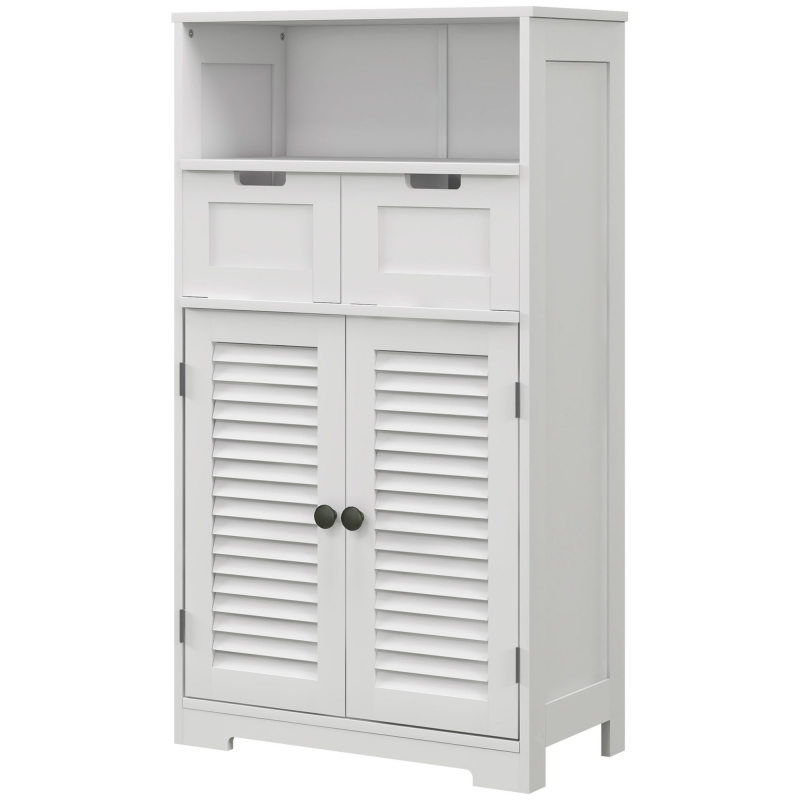Kleankin Badezimmerschrank auf dem Boden stehend, Stauraummöbel, höhenverstellbares Regal, platzsparender Schrank, 2 Türen, 2 Schubladen, Fach, 61 x 30,5 x 109,5 cm, weiß Aosom – Bild 1 von 2