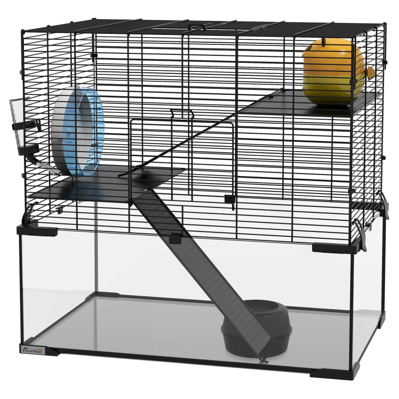 PawHut Hamsterkäfig, Nagerkäfig, 3 Ebenen mit Laufrad, Rampen, Häuschen, Trinkflasche, Futternapf, 60L x 40B x 57H cm, Schwarz Aosom – Bild 1 von 2