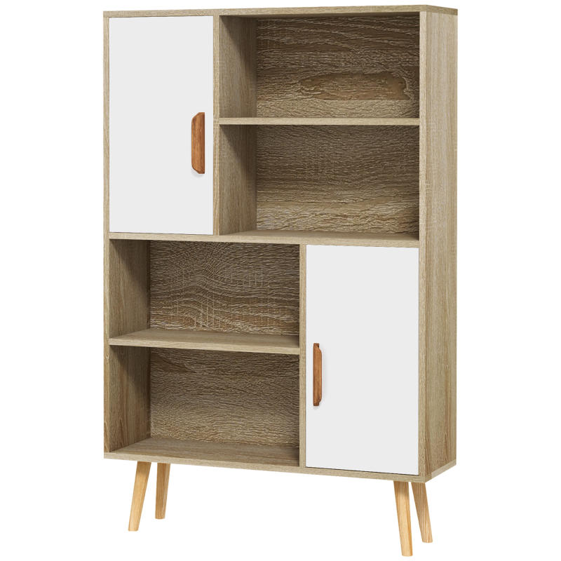 HOMCOM Skandinavisches Bücherregal 4 Nischen + 2 Schranktüren mit verstellbarem Regalboden 80L x 24B x 123H cm Schlanke, geneigte Füße aus massivem Kiefernholz Eiche Aosom – Bild 1 von 2
