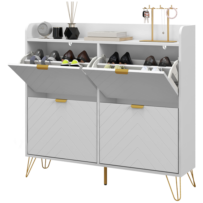 HOMCOM Schuhschrank 4 abklappbare, Schuhaufbewahrungsschrank, mit verstellbarem Regal, Schuhaufbewahrung, großer Kapazität für Flur, Eingang, 106 x 24 x 102 cm, weiß Aosom – Bild 1 von 2