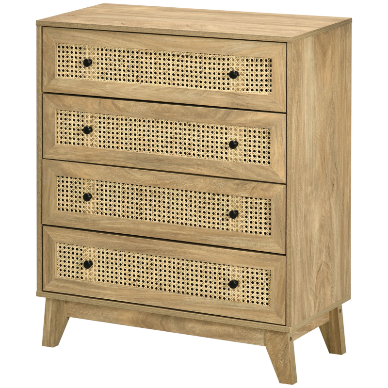 HOMCOM Kommode 4 Schubladen Aufbewahrungsmöbel mit Rattanfront 80 x 35 x 95 cm heller Holzfarbe Aosom – Bild 1 von 2