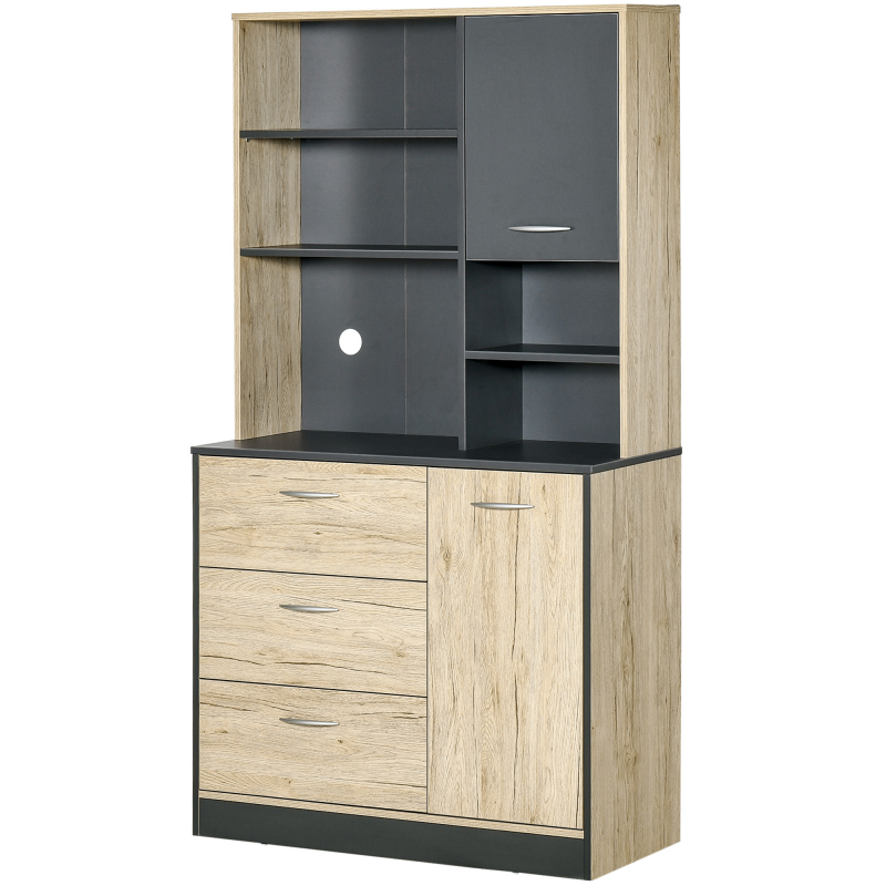 HOMCOM Küchenbuffet Küchenschrank mit vielfältigen Aufbewahrungsmöglichkeiten 2 Türen 3 Schubladen 3 Regale + große Arbeitsplatte 90L x 39B x 169H cm zweifarbig Eiche Grau Aosom – Bild 1 von 2