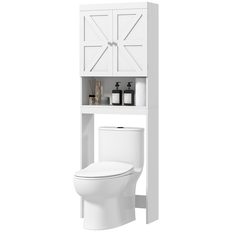 HOMCOM Toiletten-Überkopfschrank, WC-Überkopfschrank, Badezimmerschrank mit 2 Türen und offenem Regal 58,5L x 23B x 170H cm aus Holz - weiß Aosom – Bild 1 von 2