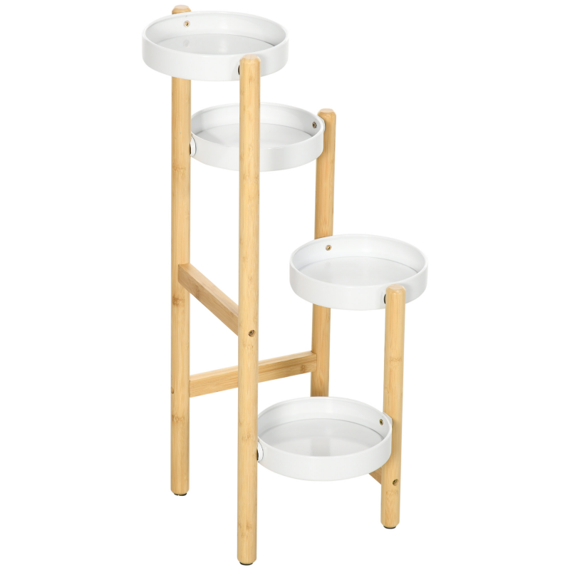 Outsunny Pflanzenständer Pflanzenregal mit 4 Ebenen runden Regalen aus Bambus und Metall für Innen und Außen 28 x 28 x 80 cm Weiß Aosom – Bild 1 von 2