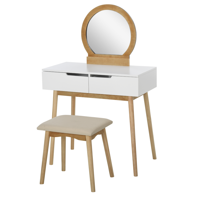 HOMCOM Coiffeuse Design scandinave Schminktisch mit Spiegel, 2 Schubladen und Hocker Weiß Kiefer Hell Aosom – Bild 1 von 2