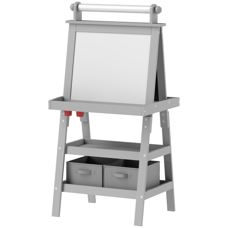 AIYAPLAY Kinderklappstaffelei 3 in 1 doppelseitige Kinderstaffelei mit magnetischer weißer Tafel Kreidetafel - Papierrolle + 2 integrierte Aufbewahrungskörbe - Kinder 3-6 Jahre in Grau Aosom – Bild 1 von 2