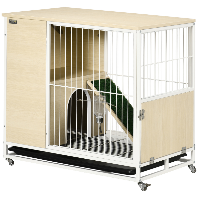 PawHut Kaninchenkäfig Kaninchenstall auf Rollen mit offenem Dach und Plattformen mit herausnehmbarer Schale - 78 x 52,5 x 76,5 cm natur Aosom – Bild 1 von 2