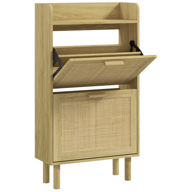 HOMCOM Schuhschrank Schuhregal Schrank 2 Schwenktüren 12 Paare, geflochtene Rattan-Optik Bohème Design - Maße 80L x 24,5B x 110H cm Eiche Aosom – Bild 1 von 2