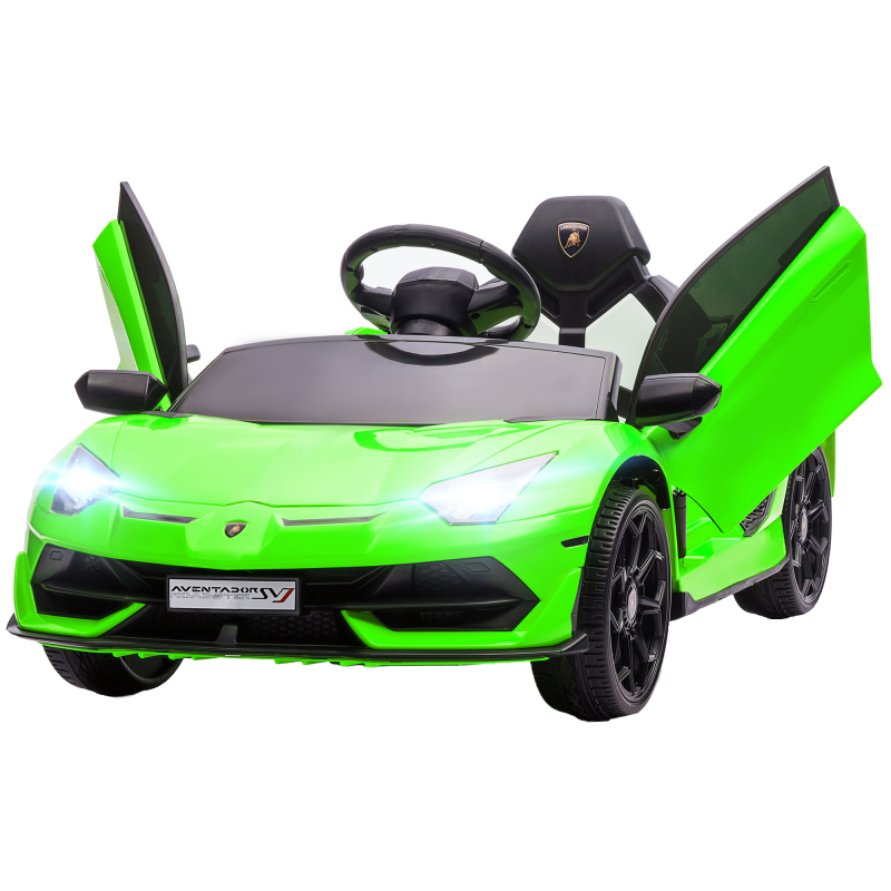 HOMCOM Elektroauto für Kinder, offizielle Lizenz Lamborghini Aventador SVJ, 12V mit Flügeltüren, LED-Fernbedienung, Musik, USB, Geschwindigkeit 3-5 Km/H, grün Aosom – Bild 1 von 2
