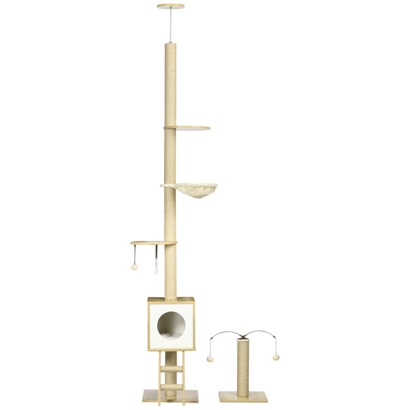 PawHut Set aus 2 Boden-Decke-Kratzbäumen mit höhenverstellbarer 225-285 cm 4 Ebenen - Höhle, Hängematte, Leiter, Spielzeug - Beige Aosom – Bild 1 von 2