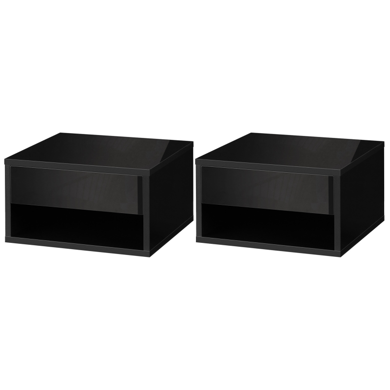 HOMCOM Set mit 2 wandmontierten Nachttischen Nachttisch - Schublade, Fach, Ablagefläche - aus Holz Maße 37L x 32B x 21H cm Schwarz Aosom – Bild 1 von 2