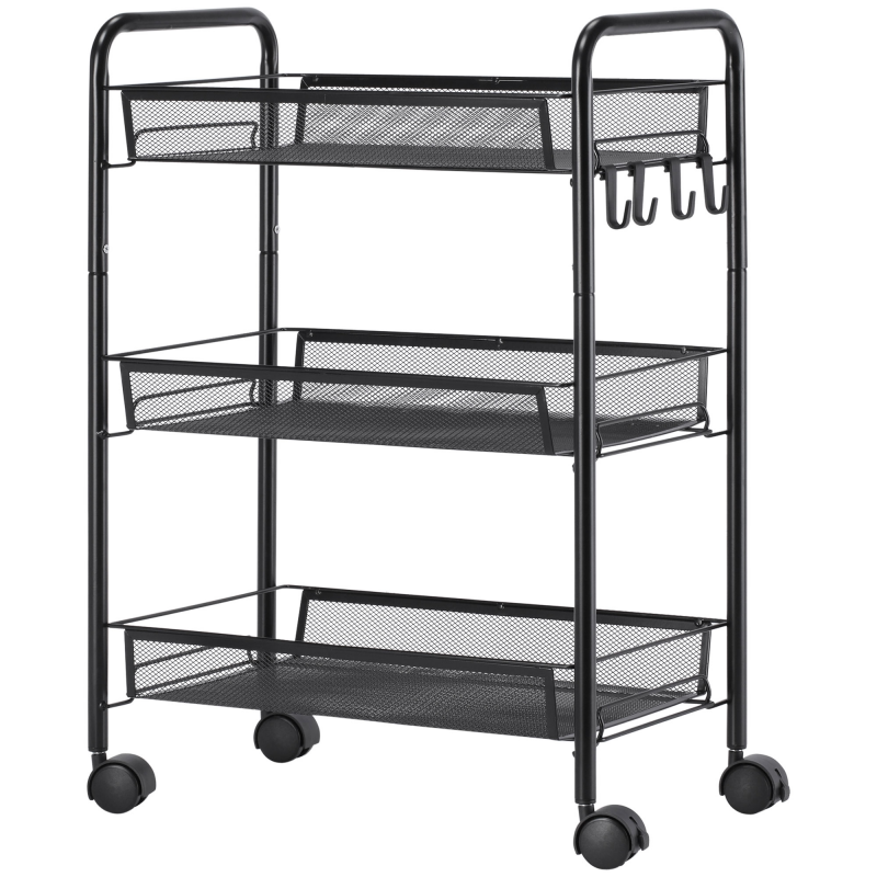 HOMCOM 3-stufiger Rollwagen für Küche und Bad mit Körben, Rollwagen 45 x 26,5 x 63 cm Schwarz Aosom – Bild 1 von 2