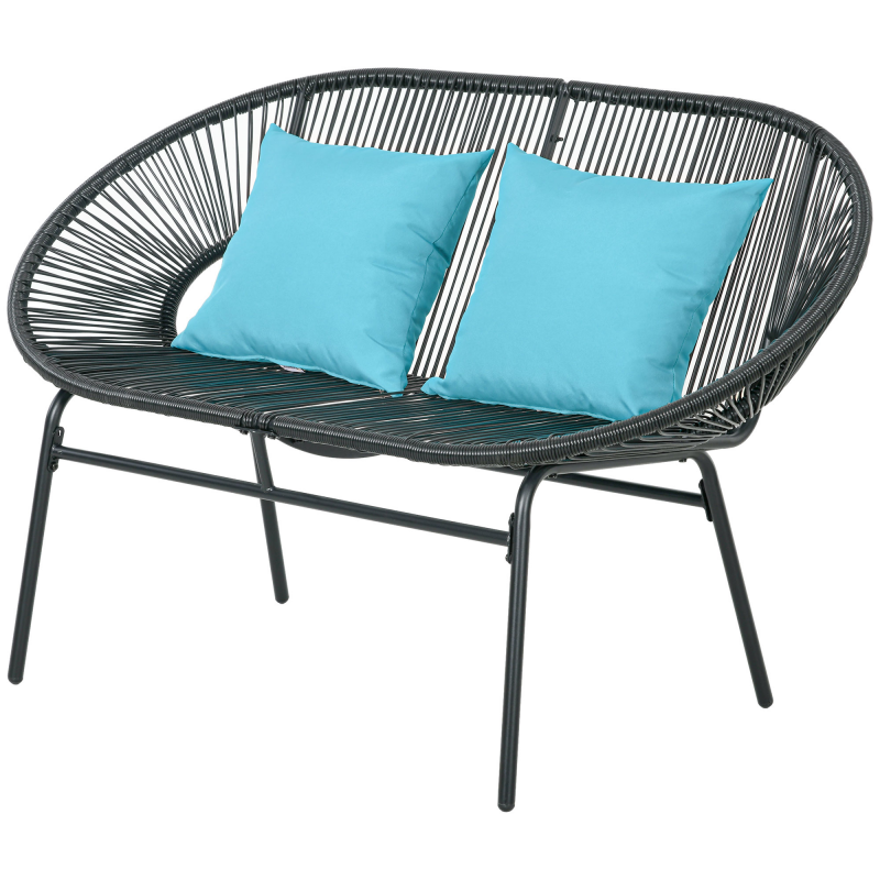 Outsunny Gartenbank 2-Sitzer aus Metall und PE-Rattan-Seil mit 2 Kissen - Abmessungen 132L x 72B x 83H cm - Schwarz Aosom – Bild 1 von 2