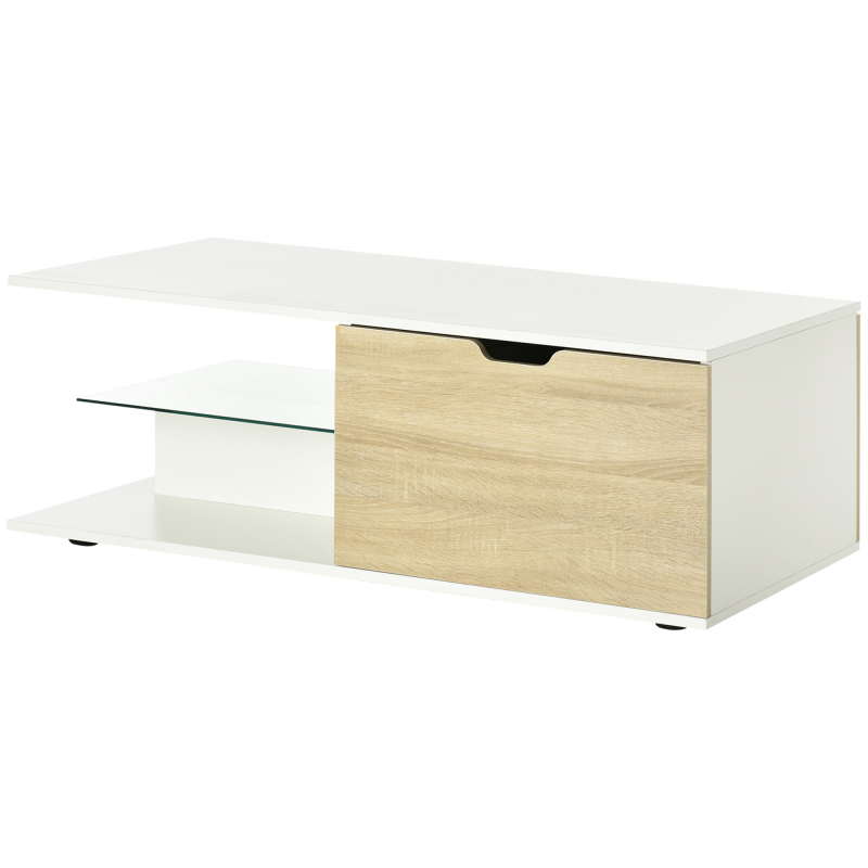 HOMCOM Couchtisch rechteckig zeitgenössisches Design 2 Schubladen 2 Fächer gehärtetes Glas Regal Spanplatten weiß Eiche-Holzoptik 106 x 58 x 39 cm weiß Aosom – Bild 1 von 2