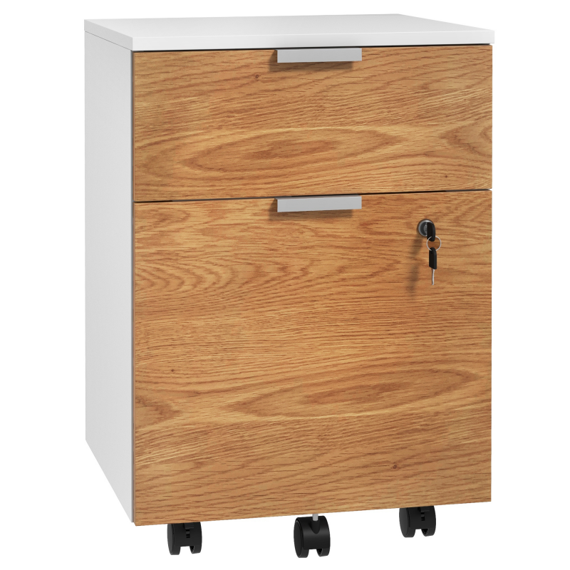 HOMCOM Büroschublade, Aufbewahrungsschrank 2 Schubladen 2 Aufhängestangen für Hängeregistratur, abschließbar 2 Schlüssel, 4 Rollen 42x40x60 cm Holzeffekt Weiß und Natur Aosom – Bild 1 von 2