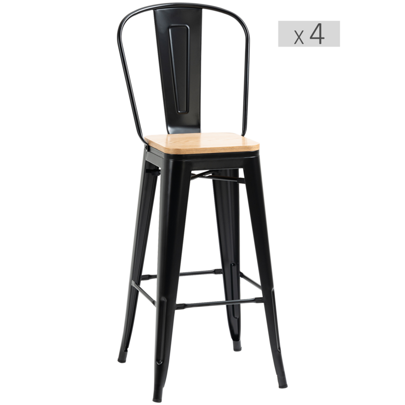 HOMCOM Set mit 4 Industriellen Barhockern mit Rückenlehne Fußstütze Sitzhöhe 76 cm Metall Schwarz Mehrschichtige E1-Spanplatten Holzimitat Aosom – Bild 1 von 2
