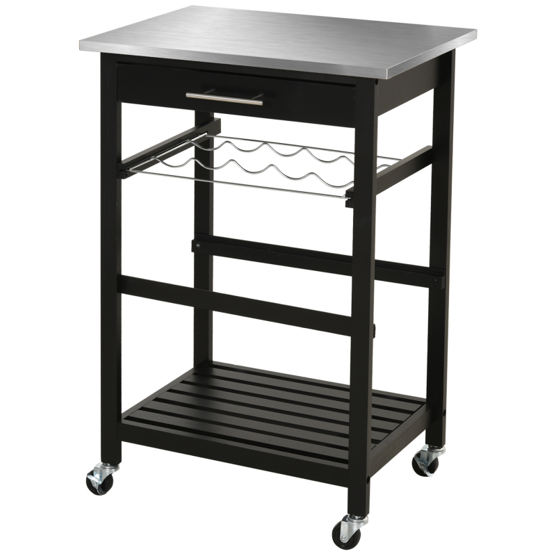 HOMCOM Küchenwagen Servierwagen Küchentisch auf Rollen mit Regal Flaschenablage 60B x 40T x 85H cm Arbeitsfläche aus Edelstahl Schwarz Aosom – Bild 1 von 2