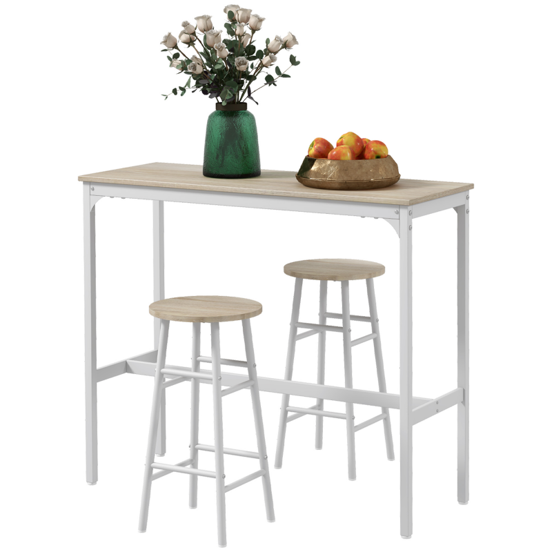 HOMCOM Set Barhochtisch Bistro + 2 Hocker mit Fußstützen Stehtisch Stahlgestell Industriedesign Hoch Küche Naturholzoptik Weiß Aosom – Bild 1 von 2
