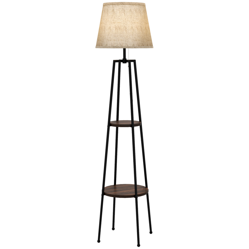 HOMCOM Stehlampe, Stehleuchte mit 2 Regalen, E27 Lampenfassung, 40 W, Zugschalter inklusive, Lampenschirm Stoff, Metall, modernes Design, Schwarz Braun Aosom – Bild 1 von 2