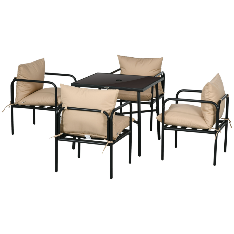 Outsunny Gartenmöbel-Set aus Stahl - 5 Stück mit 1 quadratischen Esstisch und 4 Stühlen mit 4 Kissen - gehärtete Glasplatte mit Sonnenschirmloch Aosom – Bild 1 von 2