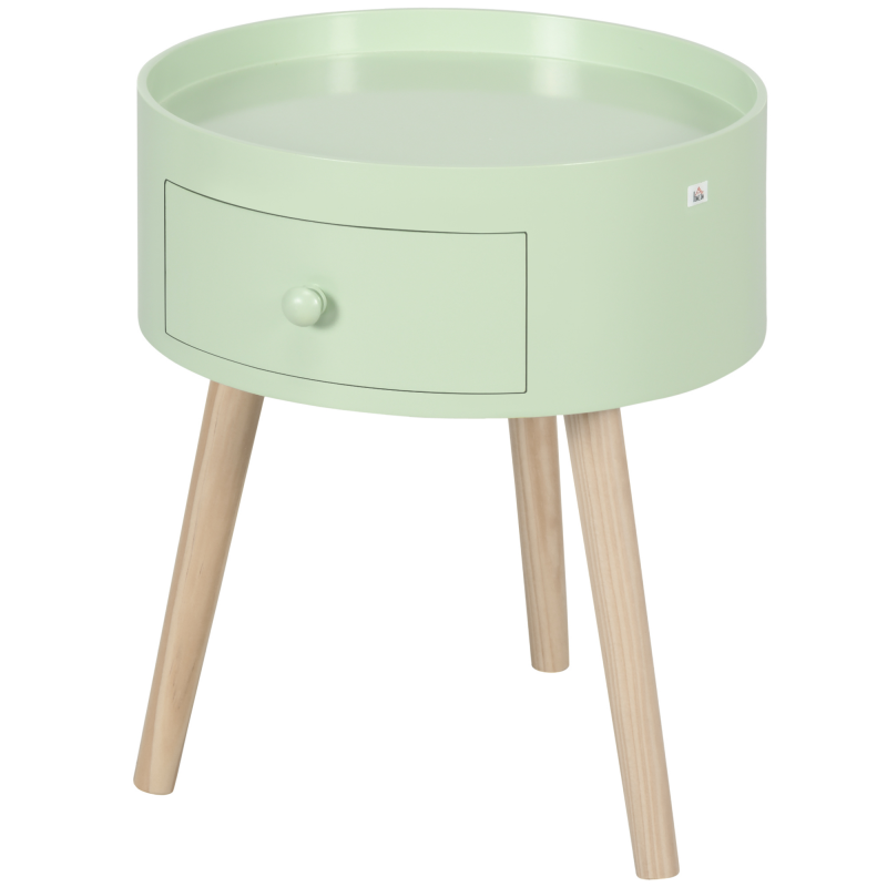 HOMCOM Couchtisch - Nachttisch - runder Nachttisch - skandinavisches Design Beistelltisch mit Schublade, schrägen konischen Beinen aus massivem Holz in Grün Aosom – Bild 1 von 2