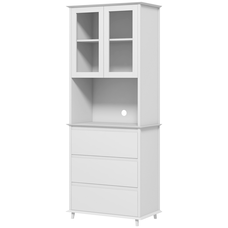 HOMCOM Küchenbuffet Aufbewahrungsschrank 2 Glastüren 3 Schubladen und mittleres Fach 68B x 38T x 172H cm in weißem Holz Aosom – Bild 1 von 2