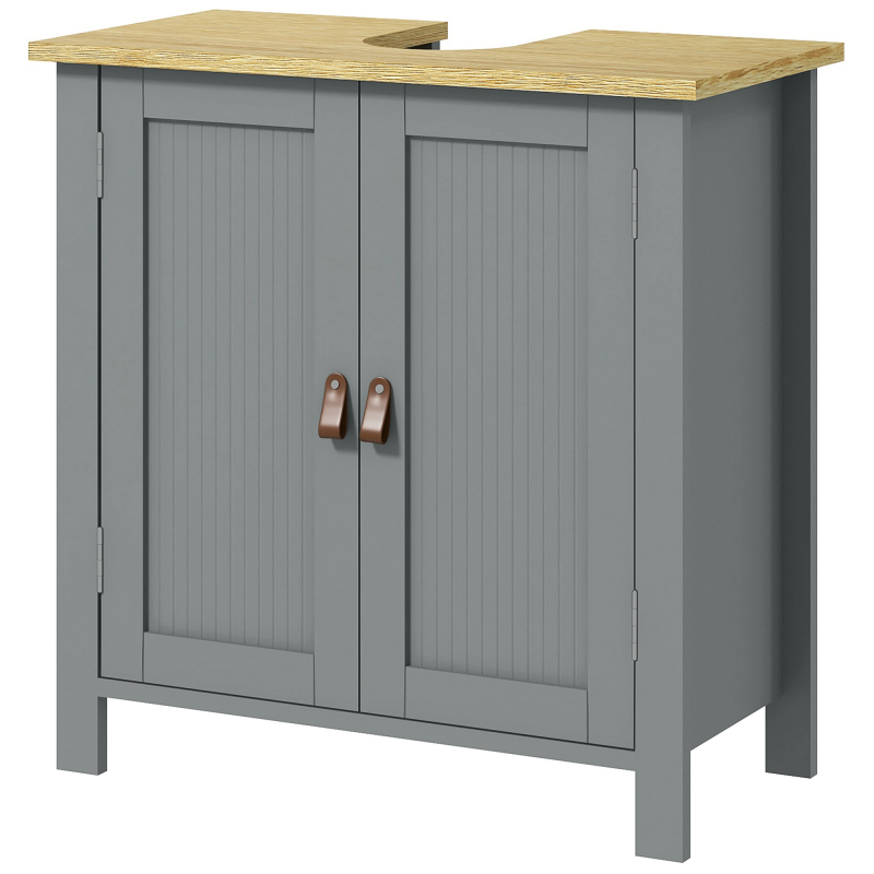 Kleankin Unterschrank für Waschbecken, Badezimmerschrank unter Waschbecken, 2 Türen, verstellbares Regal, 2 Etagen innen, PU-Griffe, 60 x 30 x 60 cm, grau Aosom – Bild 1 von 2