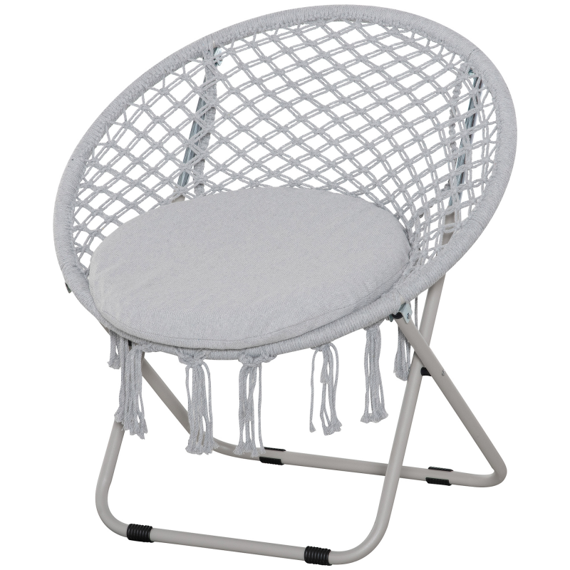 Outsunny Hängesessel Runder Gartenstuhl Mond Papasan Klappbarer großer Komfort Makramee Baumwolle Polyester Grau Aosom – Bild 1 von 2