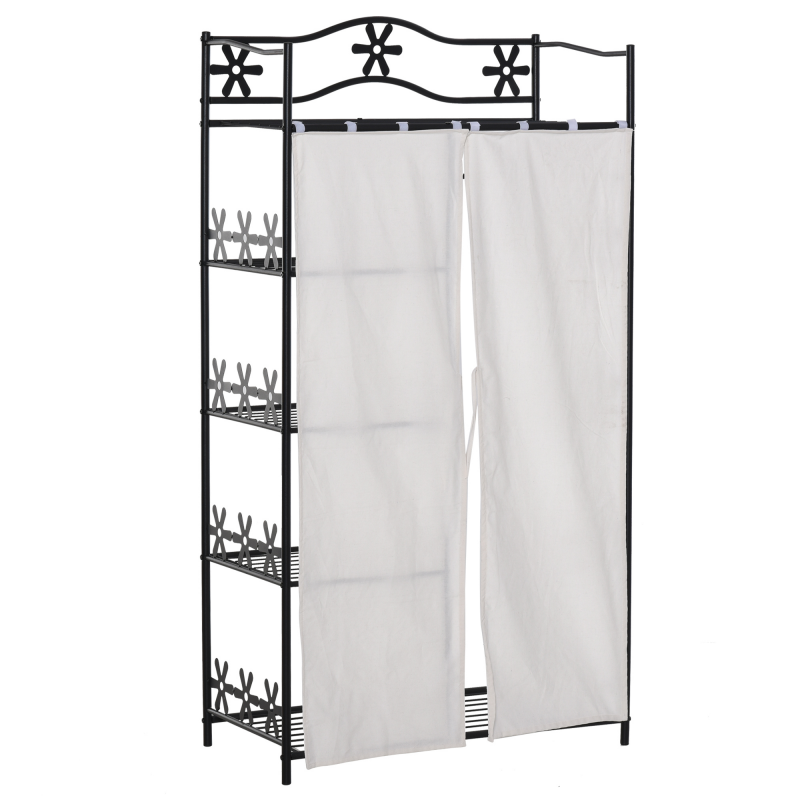 HOMCOM Kleiderschrank Multistauraum 5 Regale 84L x 42B x 159H cm Metall Schwarz Blumenmuster 2 Weiße Vorhänge Aosom – Bild 1 von 2