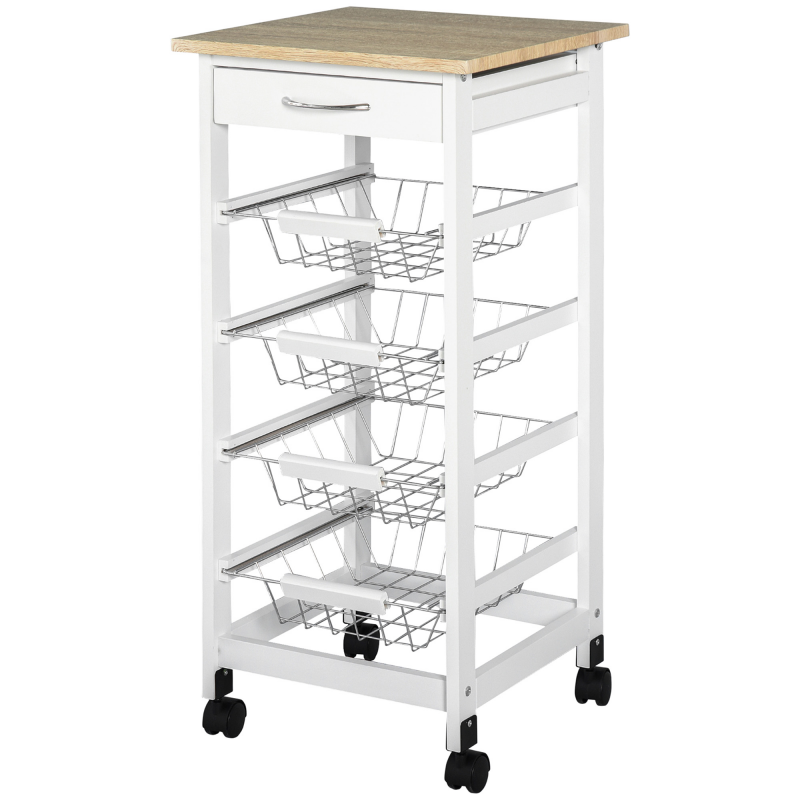HOMCOM Küchenwagen mit Rollen, Servierwagen, 4 Metallkörbe + Schublade, Küchenwagen, Rahmen aus Pinienholz, wenig Platz, Küche, Badezimmer, Wohnzimmer, Büro, Weiß Aosom – Bild 1 von 2