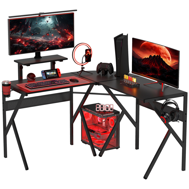 HOMCOM Gaming Schreibtisch Eckschreibtisch Gamer 125 x 125 cm in L-Form mit Kohlefaserplatte, Bildschirmhalter, Getränkehalter und Kopfhörerhaken, Schwarz Aosom – Bild 1 von 2