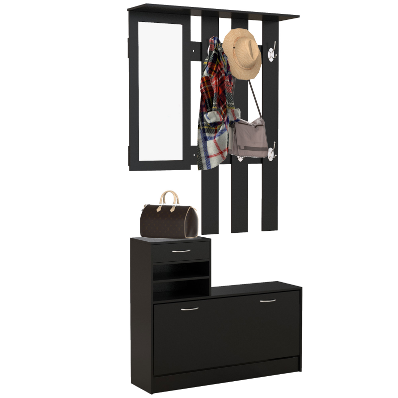 HOMCOM 3-in-1 Eingangsmöbel-Set Garderobe mit Mantelhaken, Spiegel und Schuhschrank - 6 Haken und verstellbares Regal, schwarz Aosom – Bild 1 von 2