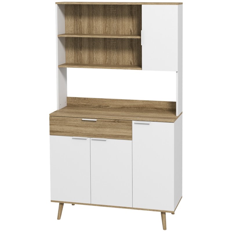 HOMCOM Küchenschrank, Küchenbuffet, 4 Türen mit verstellbaren Regalen, 1 Schublade, skandinavisches Design, 98 x 39 x 180 cm, Weiß und Natur Aosom – Bild 1 von 2