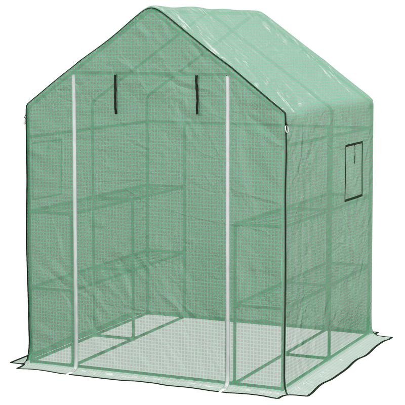 Outsunny Gewächshaus Tomaten-Gewächshaus mit 1 Tür, 1 Fenster, 3-stufige Regale für Gemüse Pflanzen Blumen PE Plane 140 x 143 x 190 cm Grün Aosom – Bild 1 von 2