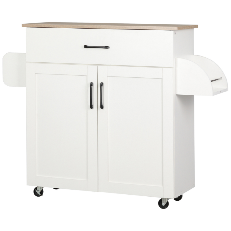 HOMCOM Kücheninsel mit vielen Aufbewahrungsmöglichkeiten 1 Schublade 1 Doppelschrank 2 Türen mit höhenverstellbarem Regalboden Geschirrhandtuchhalter und Gewürzregal - Weiß MDF Aosom – Bild 1 von 2