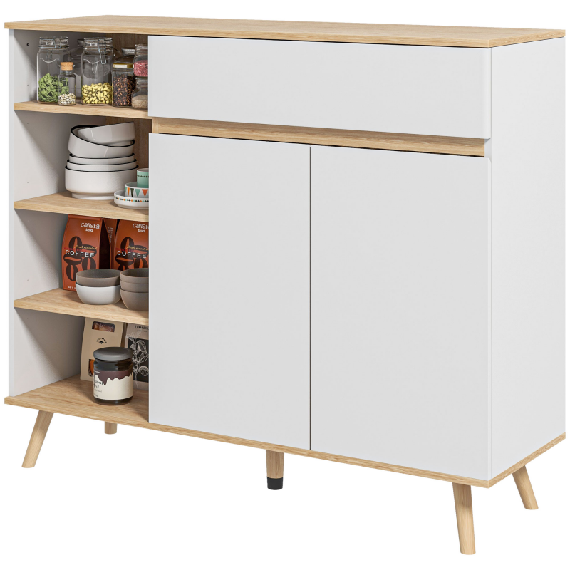 HOMCOM Aufbewahrungsschrank Buffet skandinavischer Stil mit 1 Doppeltür 1 Schublade und 4 Fächern 119 x 40 x 102 cm Weiß Aosom – Bild 1 von 2