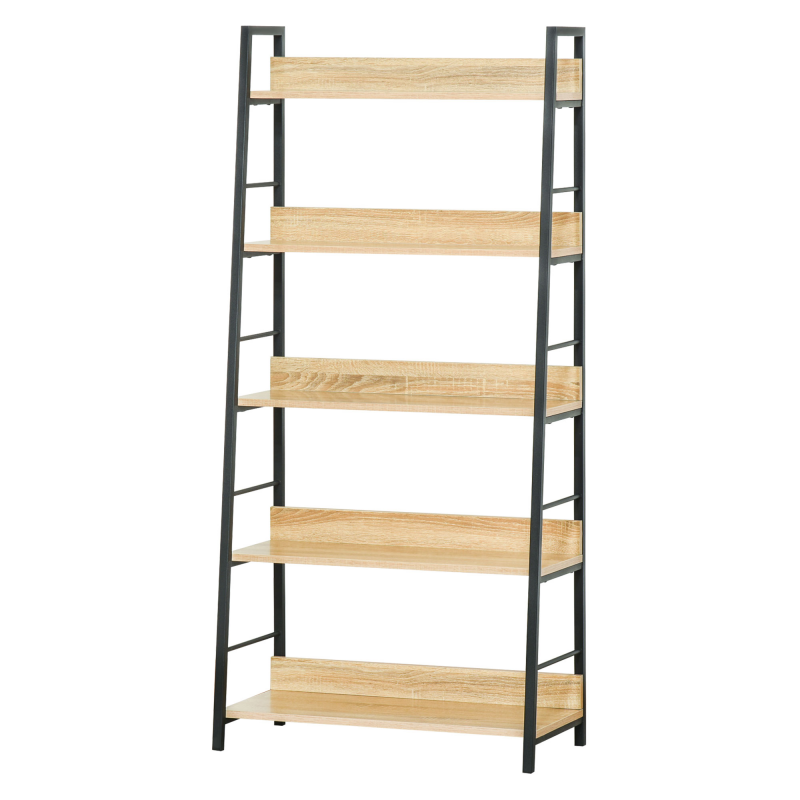 HOMCOM Geneigtes industrielles Bücherregal mit 5 Ebenen 70L x 35B x 150H cm Farbe Hell Eiche Schwarz Aosom – Bild 1 von 2