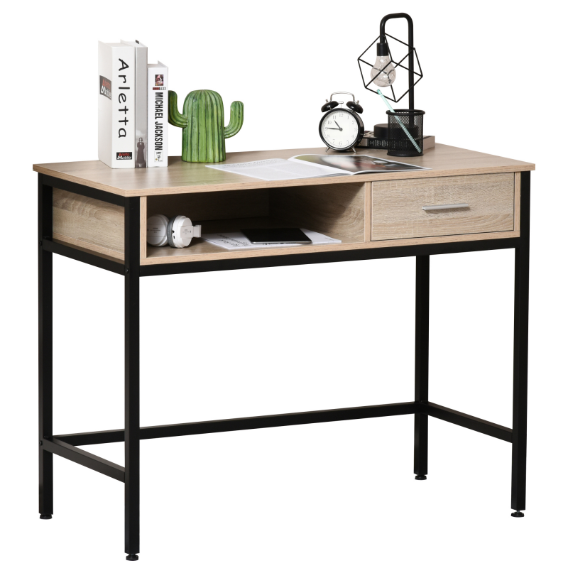 HOMCOM Schreibtisch mit Stauraum Tisch Schreibtisch Industrieller Bürotisch mit Schublade Metallgestell Schwarz Holzplatte Eichenholz-Veilchen Aosom – Bild 1 von 2