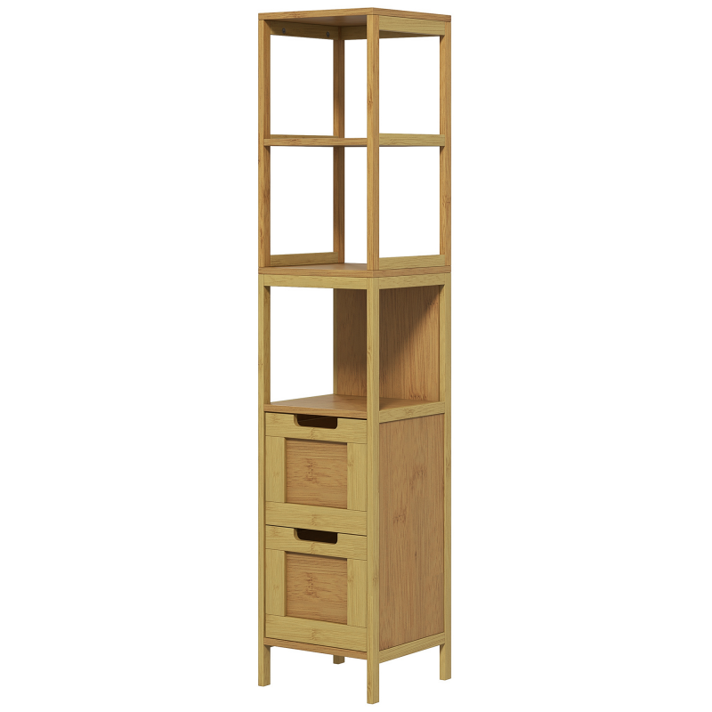 kleankin Badezimmersäule Aufbewahrung Badezimmer im gemütlichen Stil 30B x 30T x 144H cm 3 Regale 2 Schubladen Naturbambus Aosom – Bild 1 von 2