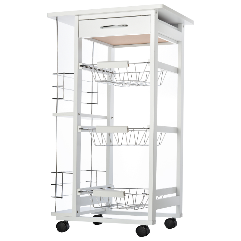 HOMCOM Servierwagen Küchenwagen auf Rollen Multi-Rangements 3 Metallkörbe Schublade + 2 Flaschenhalter Pinienholz Weiß Aosom – Bild 1 von 2