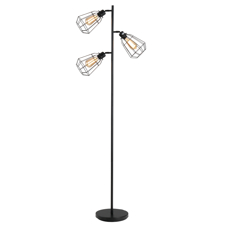 HOMCOM Industrielle Design Stehlampe 3 Glühbirnen max. 40 W Käfiglampenschirm Schwarz Aosom – Bild 1 von 2