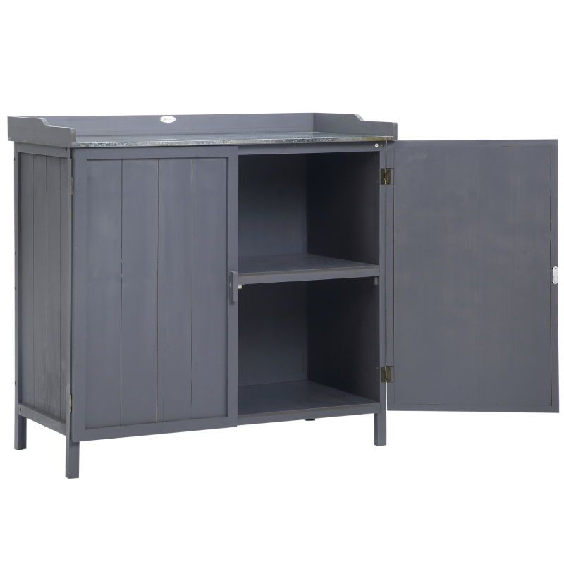 Outsunny Freistehender Gartenschrank-Pflanztisch-Kombination Doppeltür, Regal, verzinkte Metallplatte - grau Aosom – Bild 1 von 2