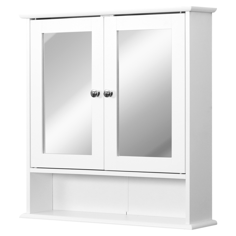 kleankin Wandspiegel Badezimmerregal 56L x 13B x 58H cm Doppeltüriger Spiegel verstellbares Regal MDF Weiß Aosom – Bild 1 von 2