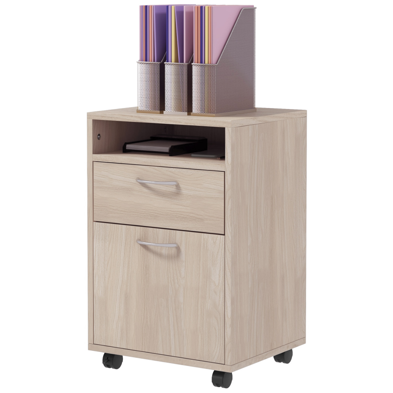 HOMCOM Rollbarer Schubladenschrank für das Büro, mobiles Aufbewahrungsmöbel mit Schublade, Schrank und Fach, für Dokumente und hängende Dateien, 40 x 35 x 60 cm, Eiche Aosom – Bild 1 von 2