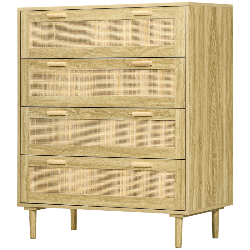 HOMCOM Kommode Schlafzimmer 4 Schubladen Aufbewahrungsmöbel mit Rattanflechtwerk im Bohème-Stil Maße 90 cm lang x 45 cm tief x 108,5 cm hoch Aspekt Naturholz Aosom – Bild 1 von 2