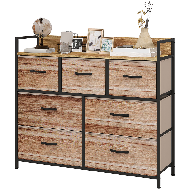 HOMCOM Kommode 7 Schubladen Aufbewahrungsschrank faltbarer Stoffschublade - schwarze Stahlstruktur - 98 x 29 x 85 cm, Schlafzimmer, Eingangsbereich, Wohnzimmer, Schwarz und Natur Aosom – Bild 1 von 2