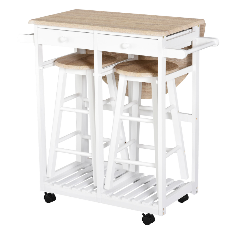 HOMCOM Bartisch-Set Klappbar auf Rollen mit Regal und 2 Schubladen + 2 Hocker Kiefernholz MDF Weiß Eiche Hell Aosom – Bild 1 von 2