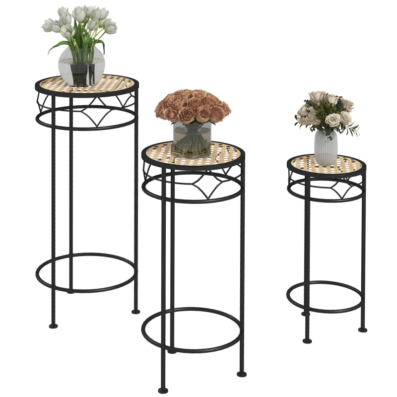 Outsunny Set aus 3 Blumentopfhaltern Pflanzenständer rund Blumenregal Pflanzenständer stapelbar - Rattanoptik Tablett - in Gold- und Schwarztönen Aosom – Bild 1 von 2