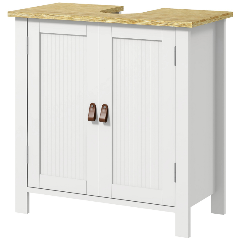 kleankin Badezimmerschrank unter Waschbecken, Badezimmerschrank unter Waschbecken, 2 Türen, verstellbares Regal, 2 Ebenen innen, Griffe aus PU, 60 x 30 x 60 cm, weiß Aosom – Bild 1 von 2